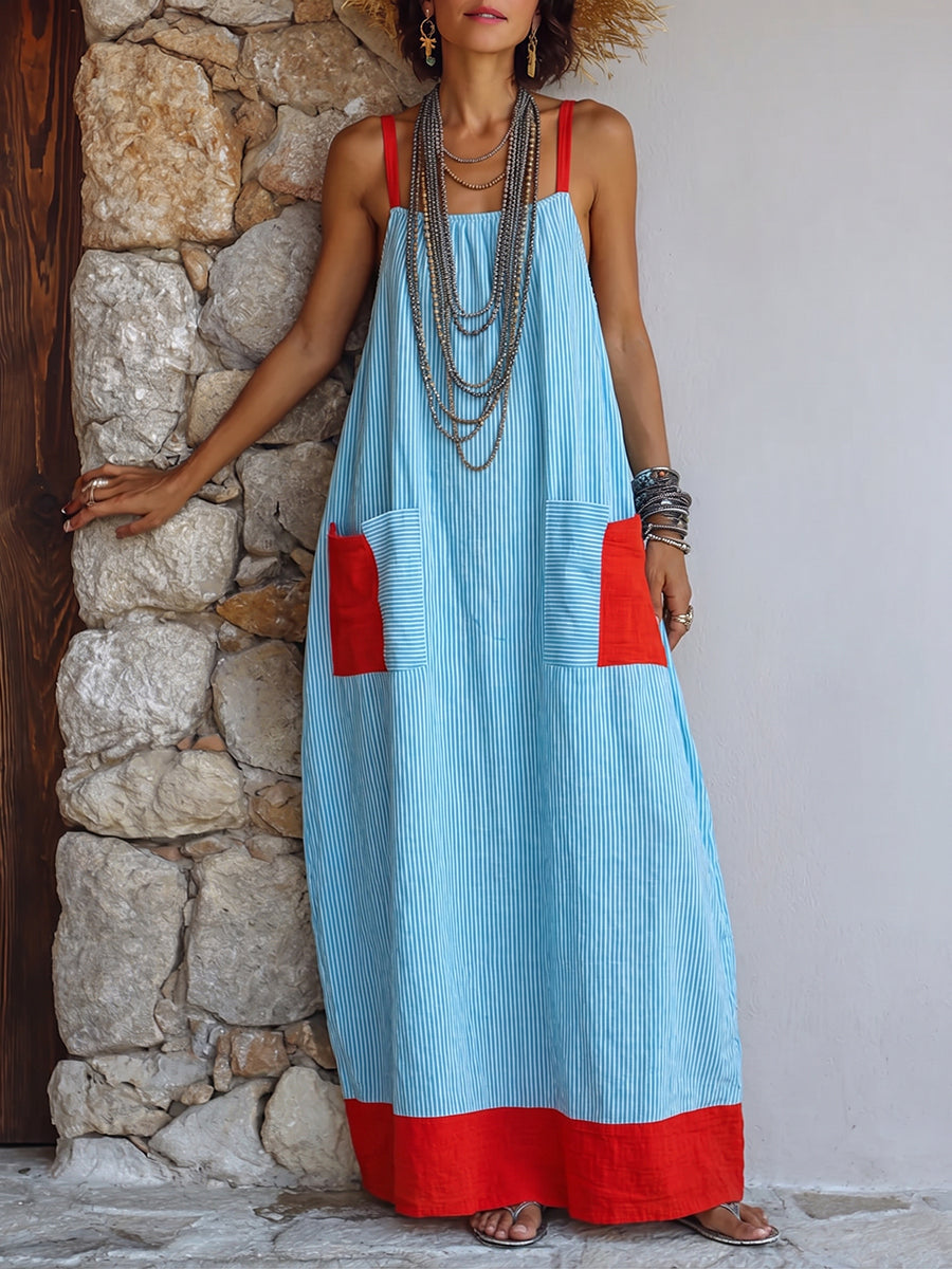 Vacation-style Color-block Striped Cotton-linen Maxi Dress