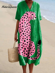 Women's Vintage Pink Cheetah Art Print Flowy Dress