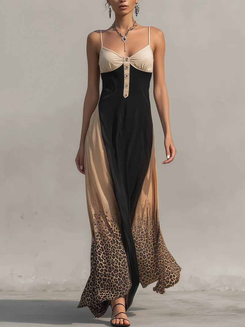 Casual Slim-fit Cotton Cami Dress With Leopard Print Paneling