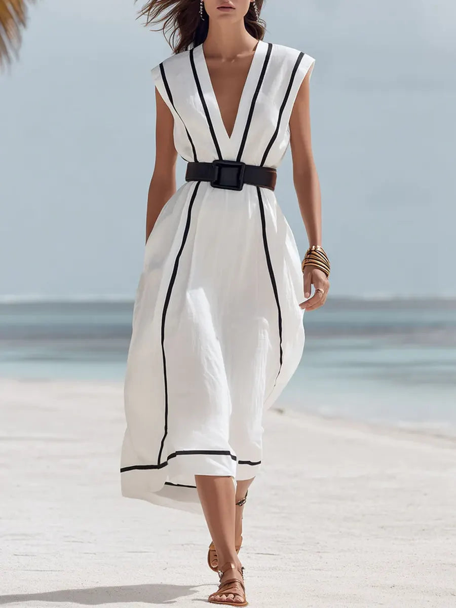 Women's Casual Vacation Line-decorated Sleeveless V-neck Dress