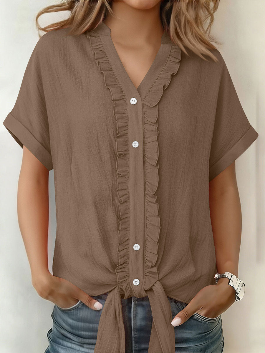 Women's Solid-Color Cotton-Linen Casual Short-Sleeve Button-Down Shirt with Ruffled Trim