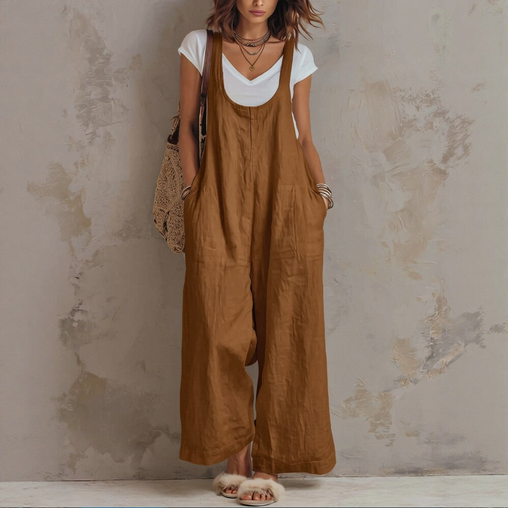 Women's Solid-color Cotton-linen Jumpsuit