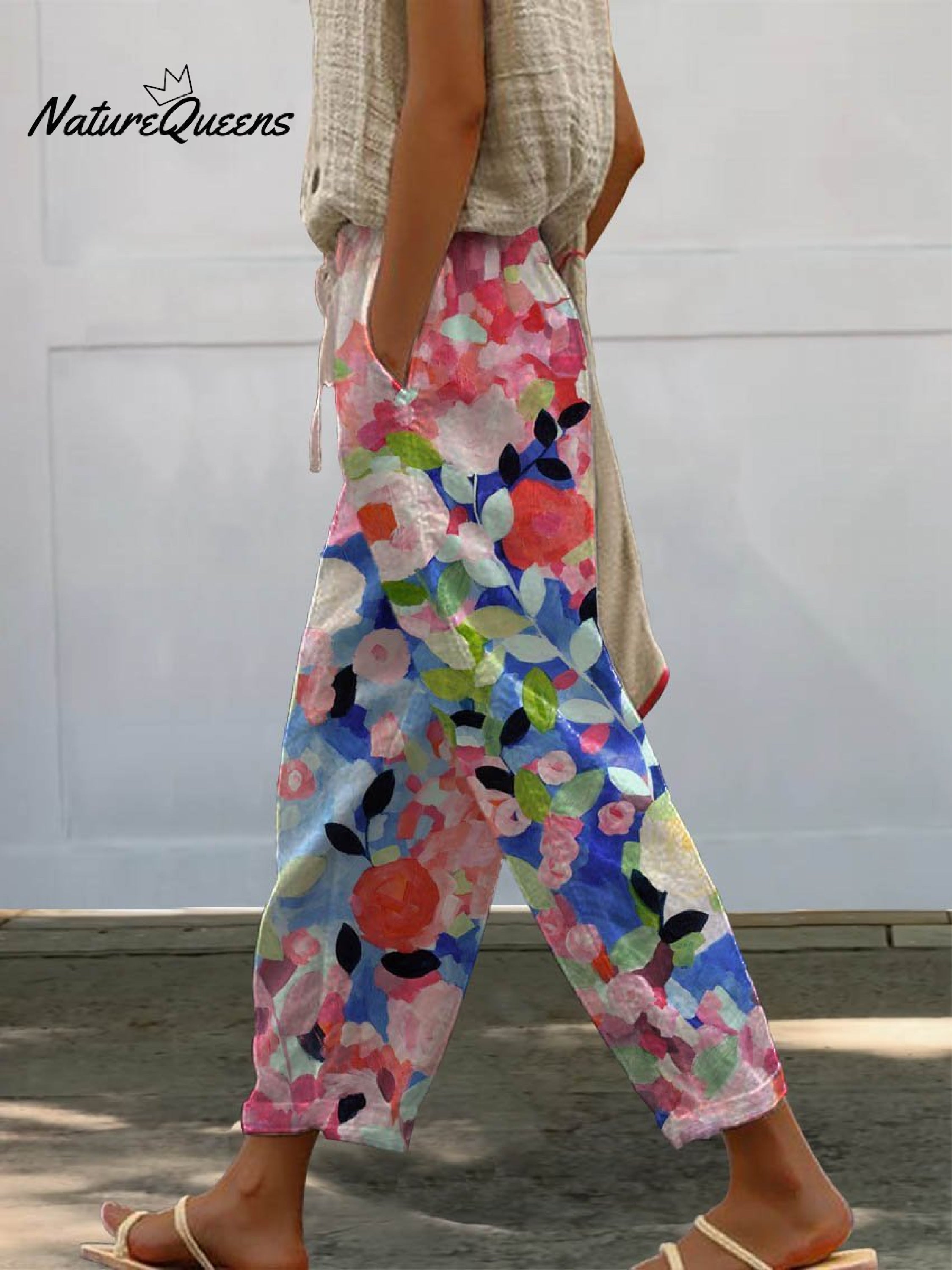 Women's Vintage Floral Art Printed 100%Cotton Casual Pants