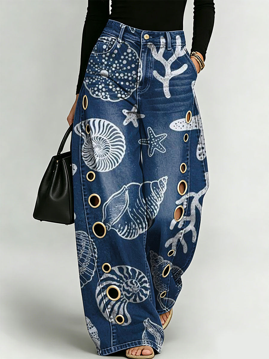 Cute Ocean Seashell Decorative Patterns Women's Cotton Denim Pants