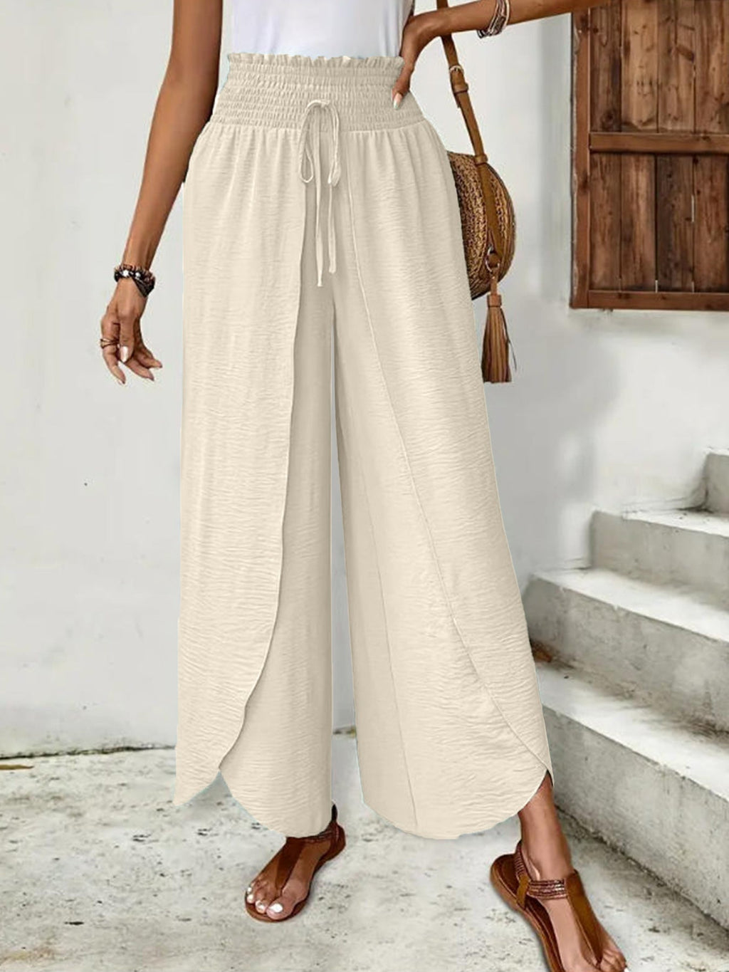 Women's Elegant Casual Trousers — Loose Fit, Elastic Waist, Cuffed Hem, Lightweight & Breathable, With Split Ankles