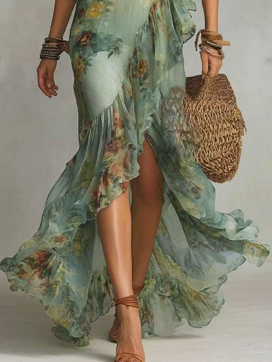 Women's Ruffled Floral Art Print Casual Stylish Comfortable Long Dress