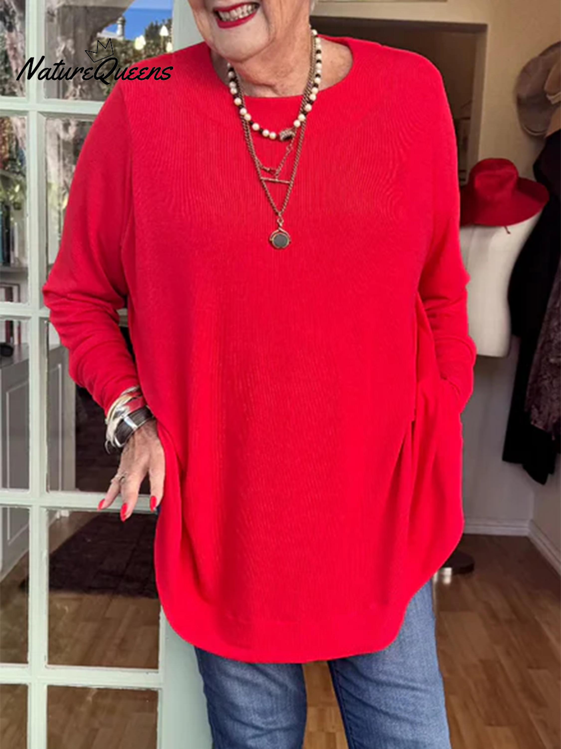 Button-back Crew Neck Top