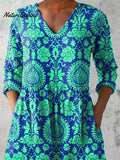 Vibrant Summer Ethnic Pattern Printed Women's Casual Linen V-Neck Shirt