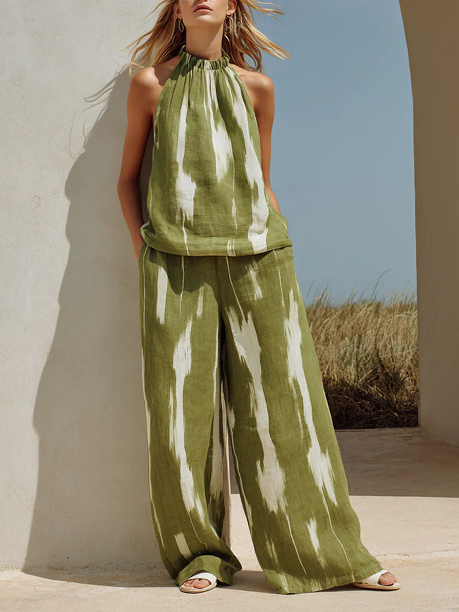 Women's Retro Art Print Two-piece Set: Sleeveless Top And Casual Pants