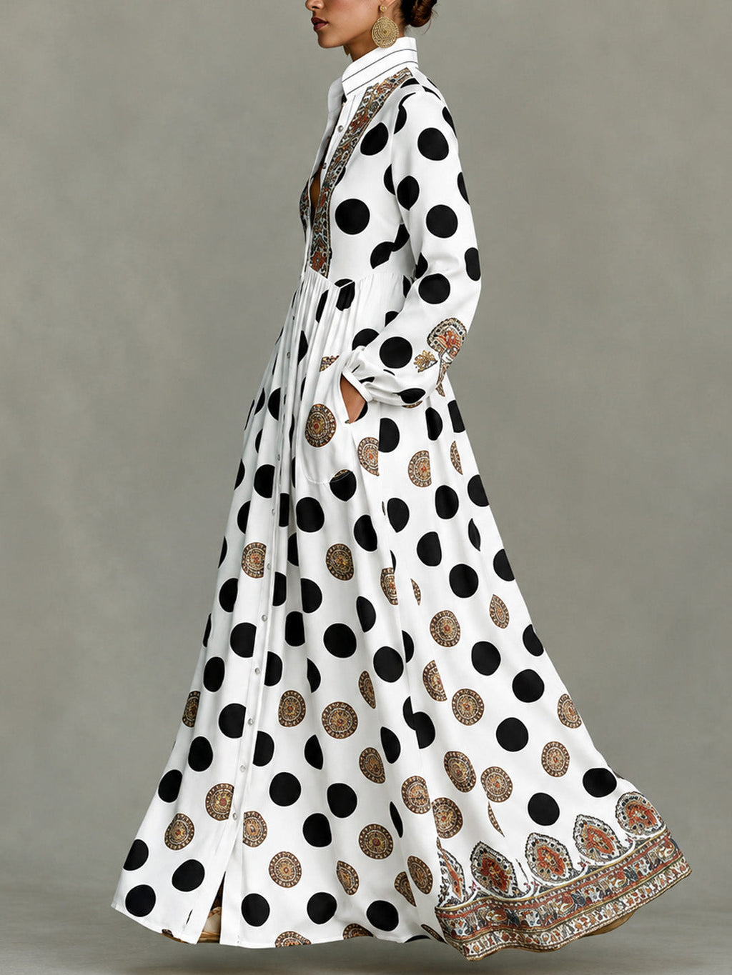 Classic Totem & Polka Dot Color-block Dress With Lapel, Cinched Waist, And Flared Skirt