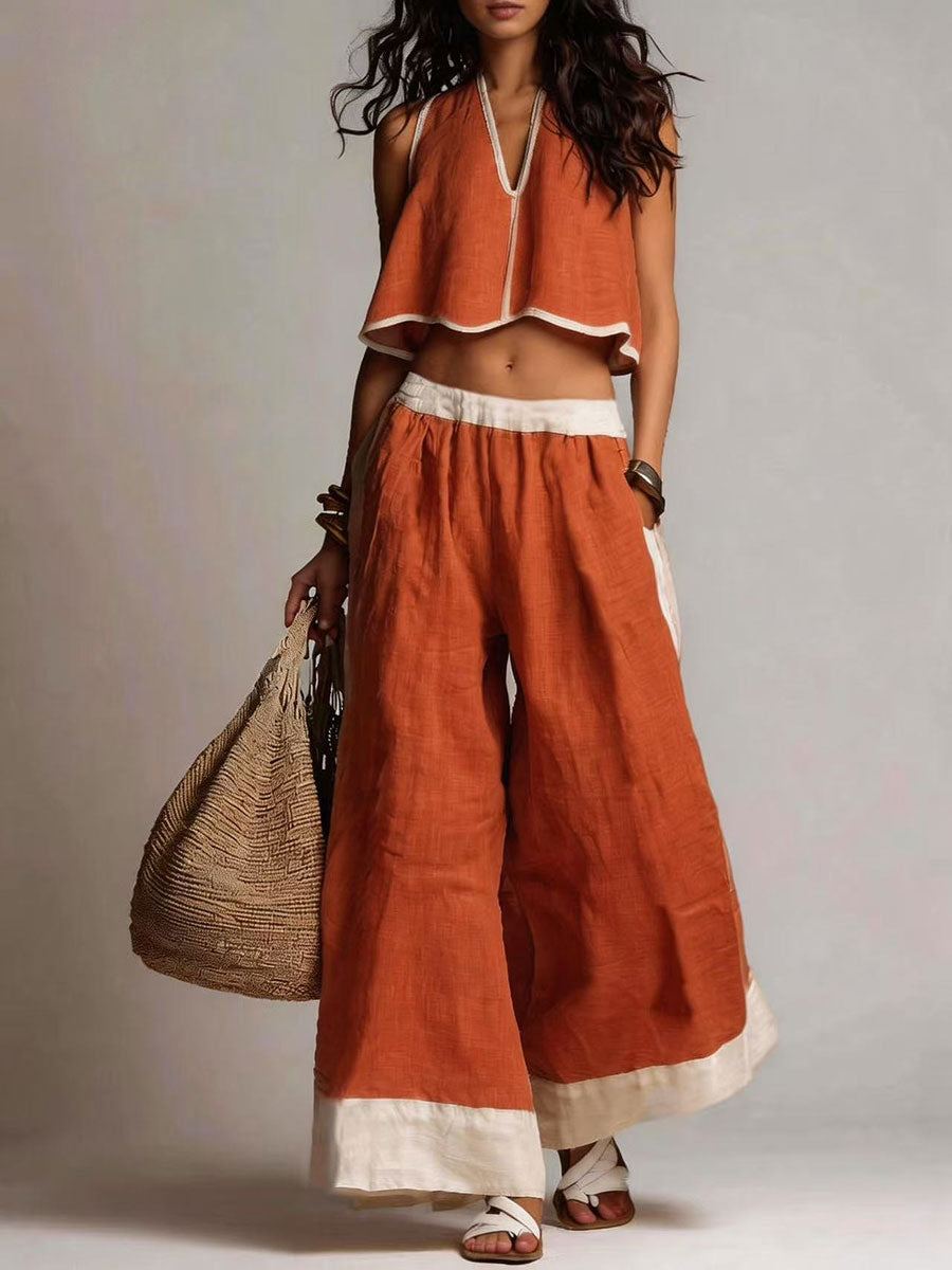 Women's Sleeveless Loose-fit Casual Top And Wide-leg Pants Set