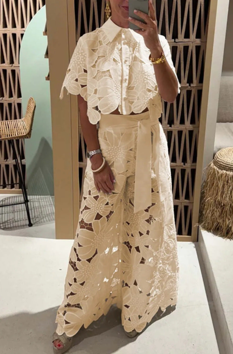 Stylish Casual Two-piece Set: Lace-embroidered Top And Pants