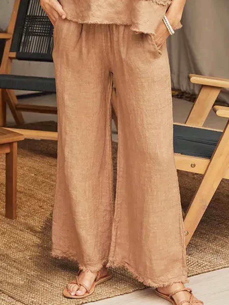 Women's Solid Color Art Stylish Casual Top And Pants Cotton Linen Two-Piece Set