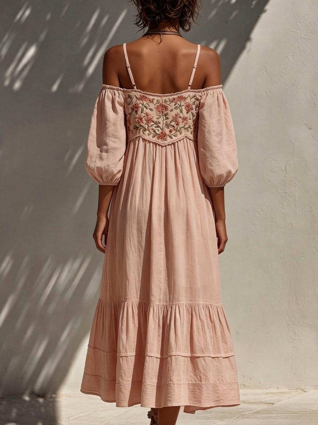 Floral Embroidered Off-shoulder Tiered Midi Dress