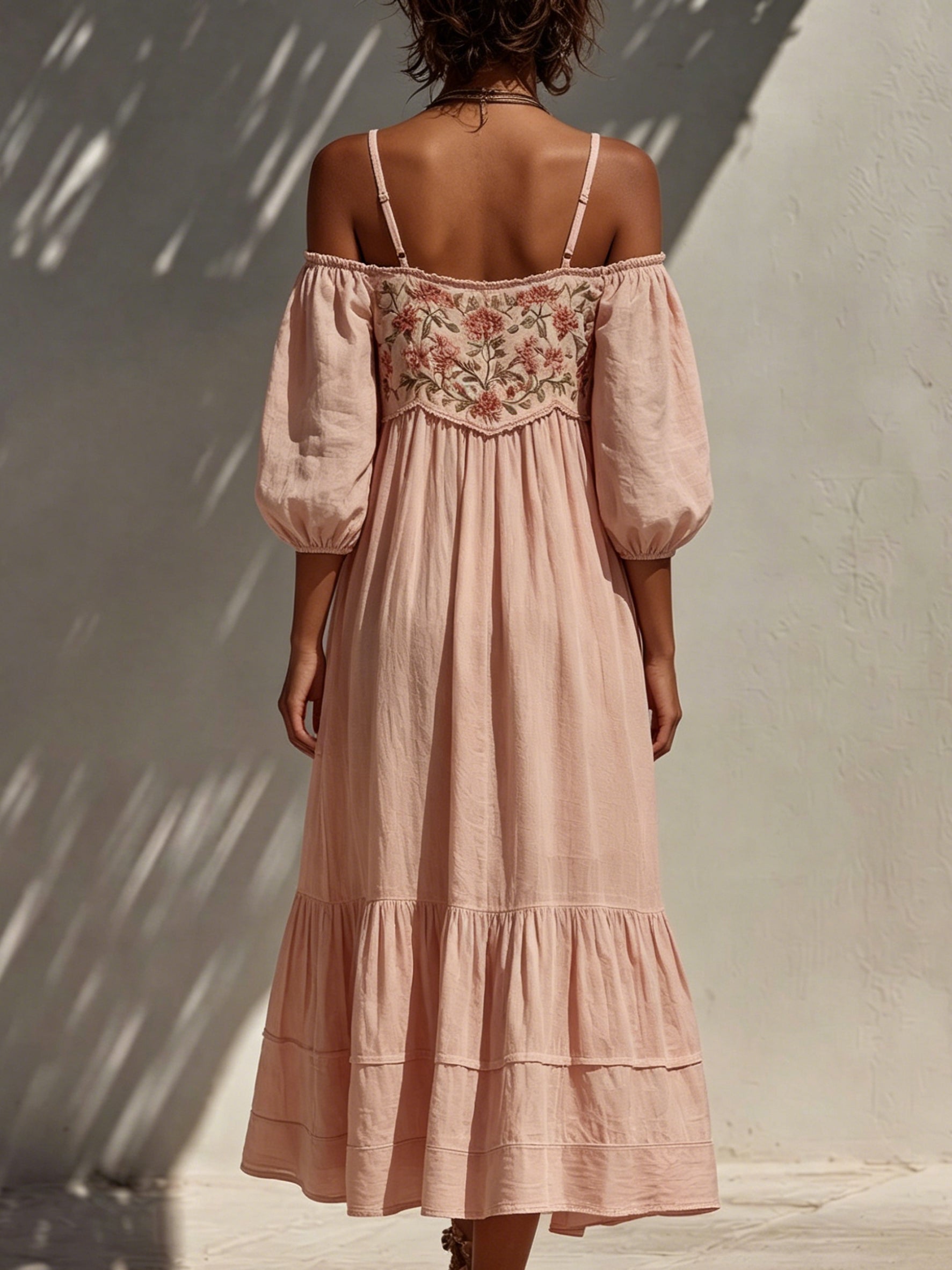 Floral Embroidered Off-shoulder Tiered Midi Dress