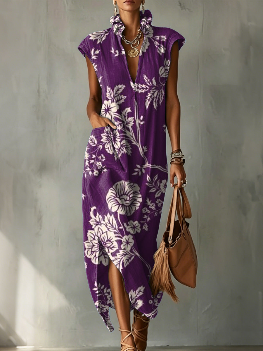 Elegant Floral Decorative Patterns Women's Casual No Sleeve Bud Collar Linen Cotton Dress