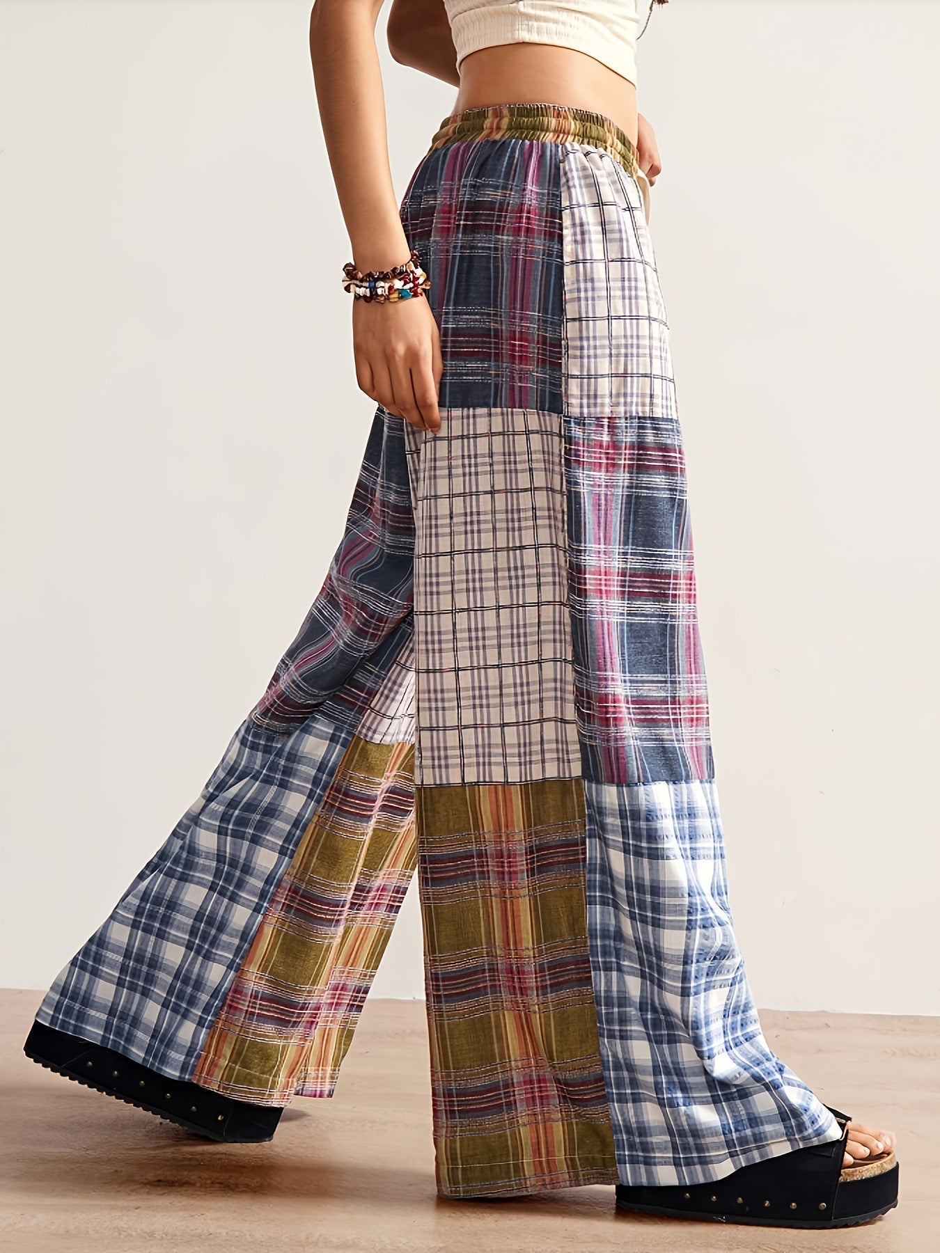 Dopamine-style Color-block Plaid Wide-leg Pants — High-waisted, Slimming, And Loose-fitting With A Designer Aesthetic