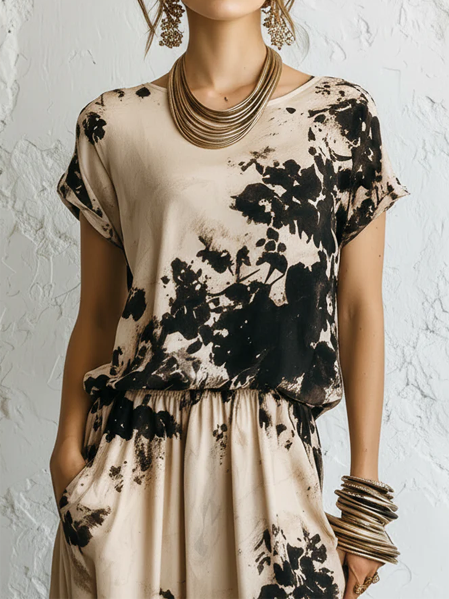 Artistic Ink-wash Print Cotton Two-piece Set
