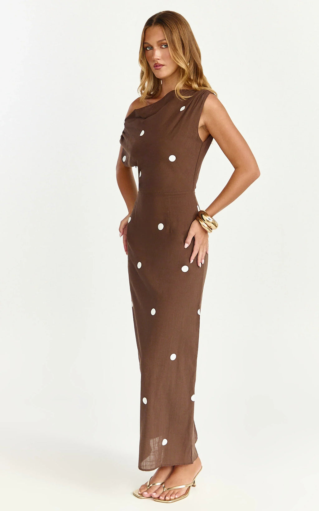 Cia Maxi Dress - Tipped Shoulder Linen Polkadot Dress in Chocolate