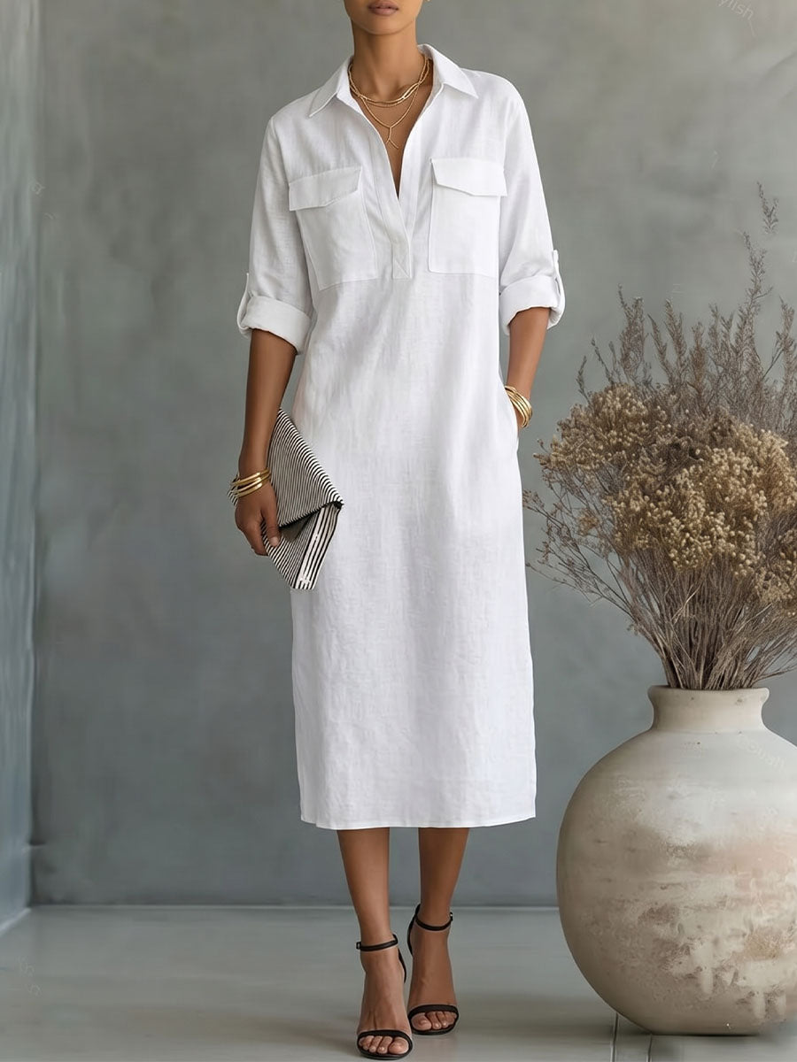 Women's Lapel Long-sleeve Cotton-linen Dress