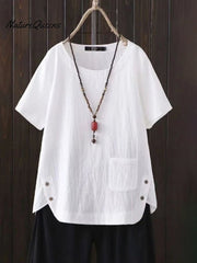 Women'S Solid Color Cotton And Linen Round Neck Button Short Sleeve Irregular Slit At Hem Button Blouse