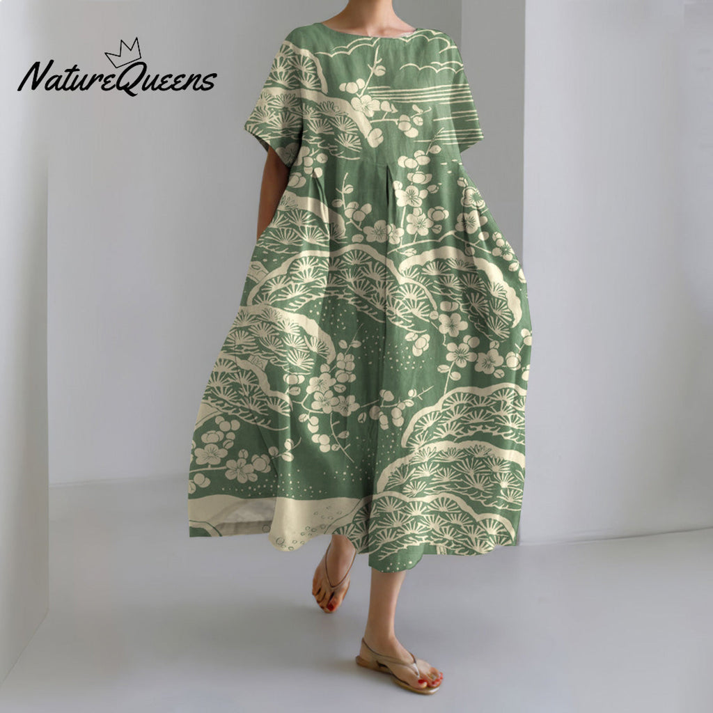 Japanese Art Plum Blossom Printed Crew Neck Casual Midi Dress
