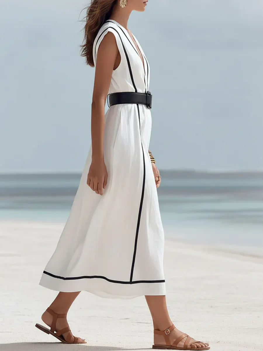 Women's Casual Vacation Line-decorated Sleeveless V-neck Dress