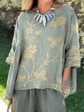 Women's Retro Elegant Floral Art Print Casual Cotton And Linen Shirt