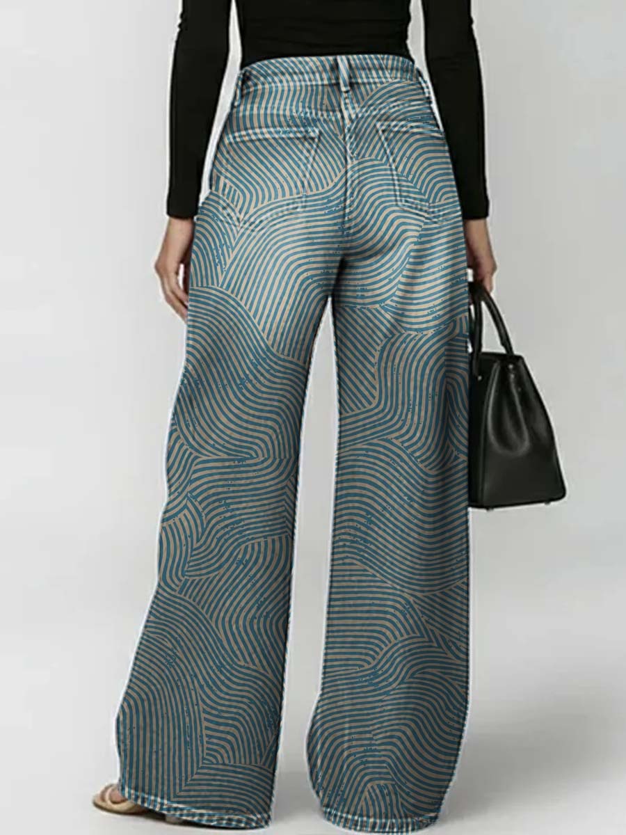 Women's Abstract Line Art Print Casual Stylish Hollow Denim Pants