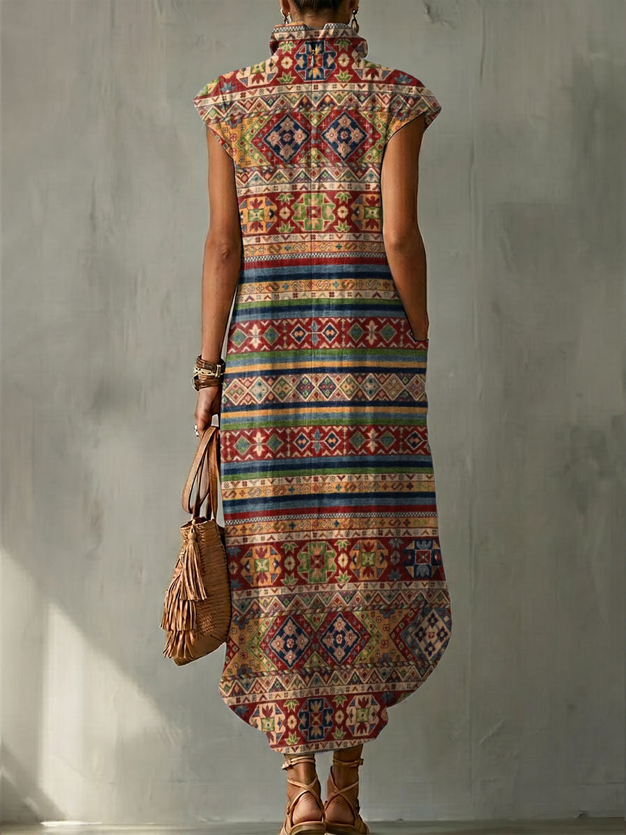 Exotic Vintage Horizontal Stripe Decorative Pattern Women's No Sleeve Linen Cotton Dress