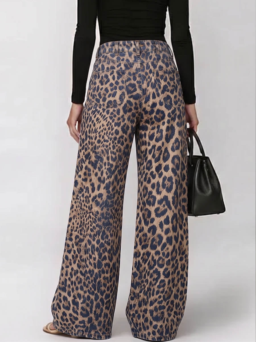 Women's Leopard Print High-waisted Wide-leg Jeans