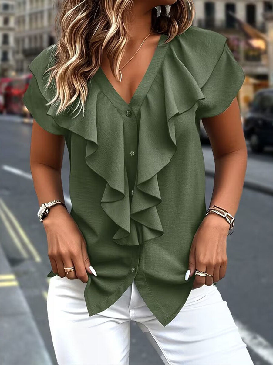 Women's Solid-color V-neck Short-sleeve Casual Loose Ruffled Top