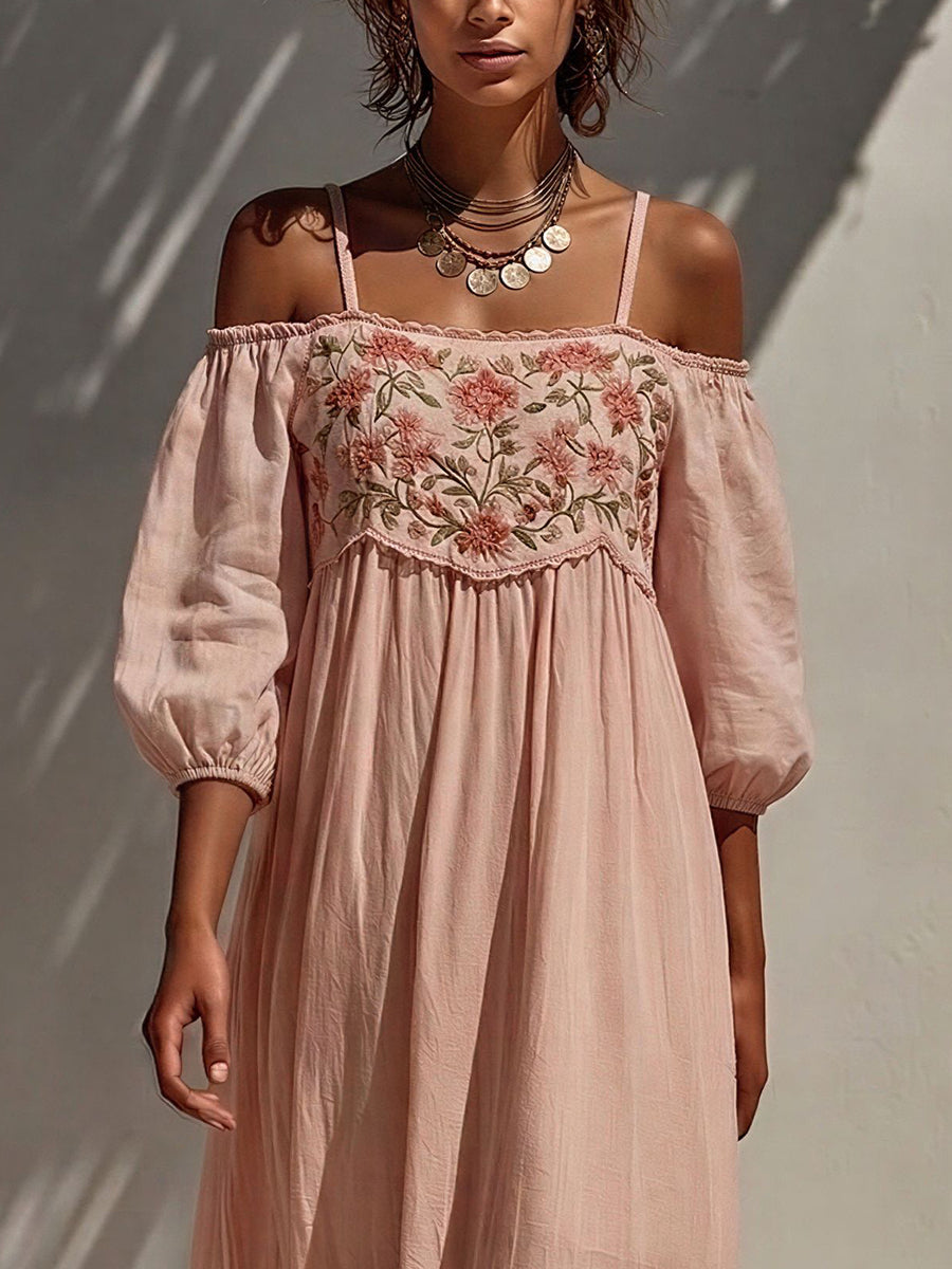 Floral Embroidered Off-shoulder Tiered Midi Dress