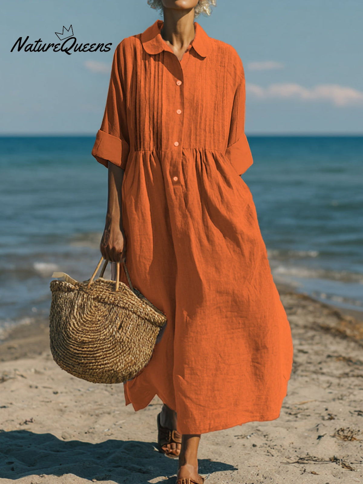Women's Casual Linen Cotton Pleated Pocket 3/4 Sleeve Dress