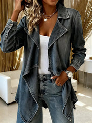 Women's Solid Color Long-sleeved Casual Loose Denim Cardigan With Irregular Hem.