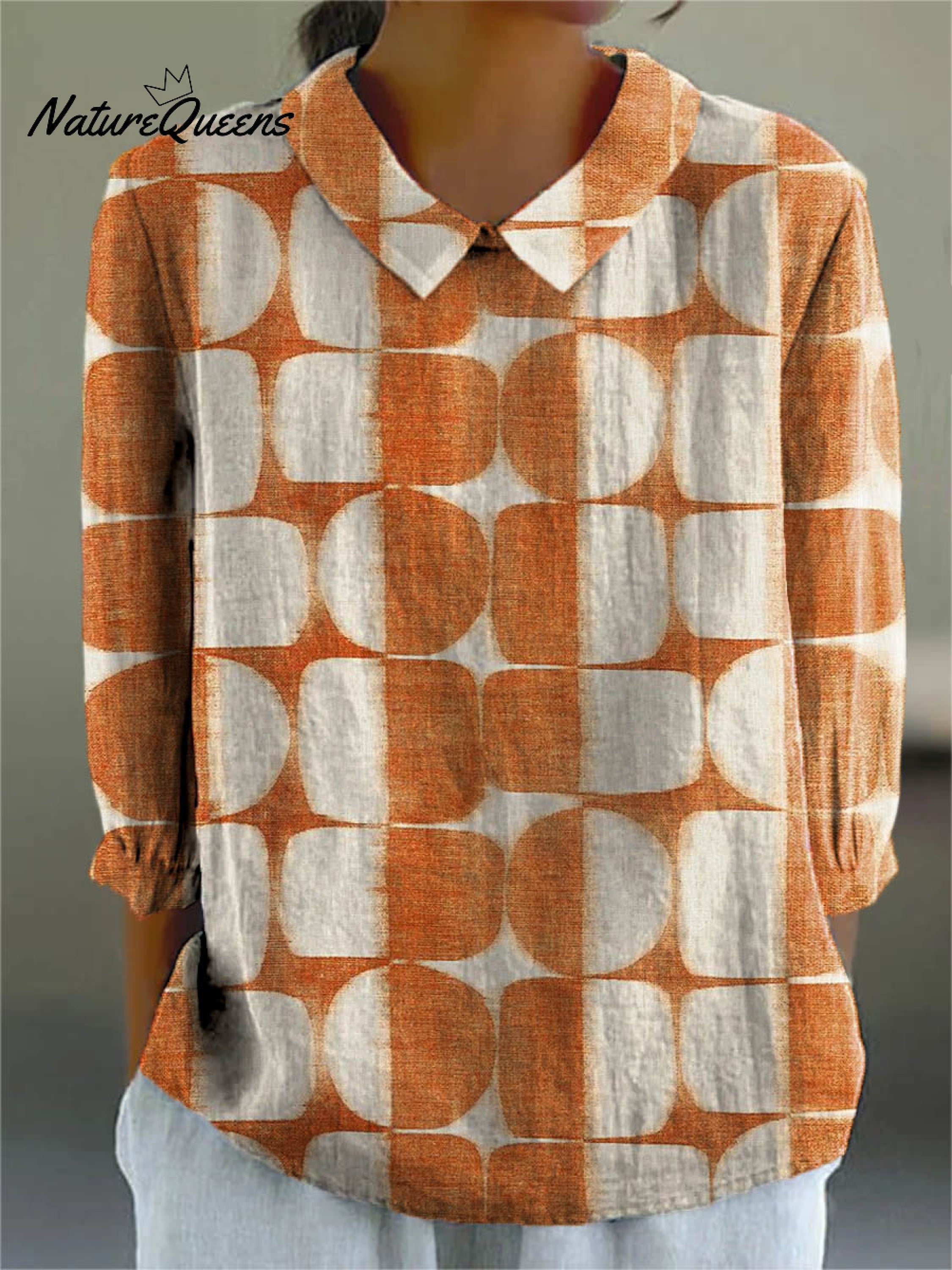 Women's Abstract Geometric Pattern Art Print Casual Cotton And Linen 3/4 Sleeve Shirt