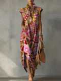 Casual Loose-fit Cotton-linen Dress With Cap Sleeves And Vintage Floral Print