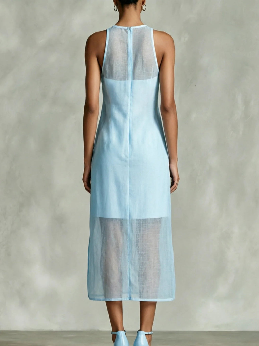 Stylish Paneled Organza, Linen, And Cotton Sleeveless Dress