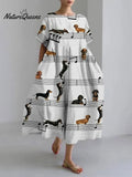 Women's Cute Dachshund Short Sleeve Linen Blend Midi Dress