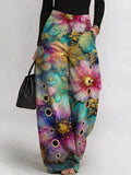 Women's Vintage Colorful Flowers Art Print Casual Fashion Cutout Jeans