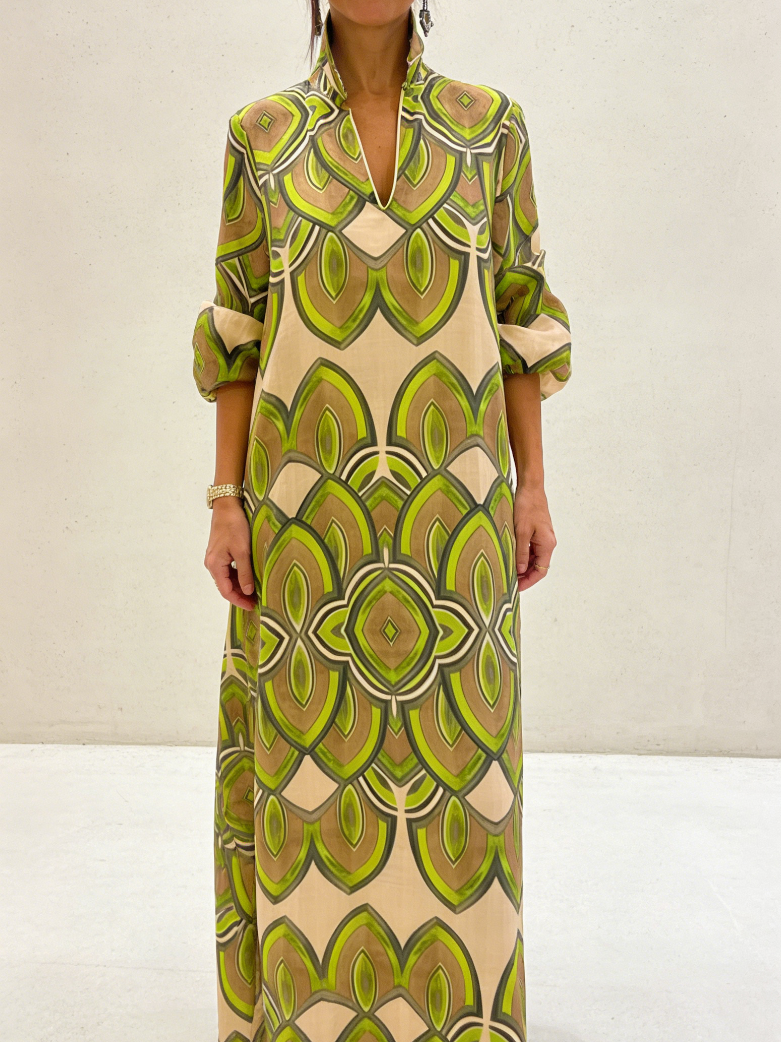 Retro Stand-up Collar Floral Print Loose Linen Cotton Dress