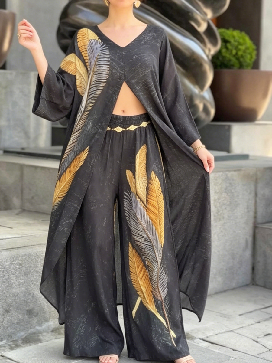 Boho Feather Print Long Shirt And Pants Two-piece Set