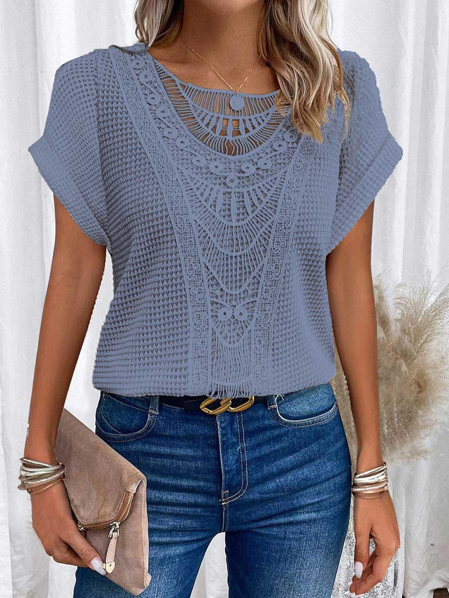 Women's Crew Neck Short-sleeve Casual Loose Top With Lace Splicing