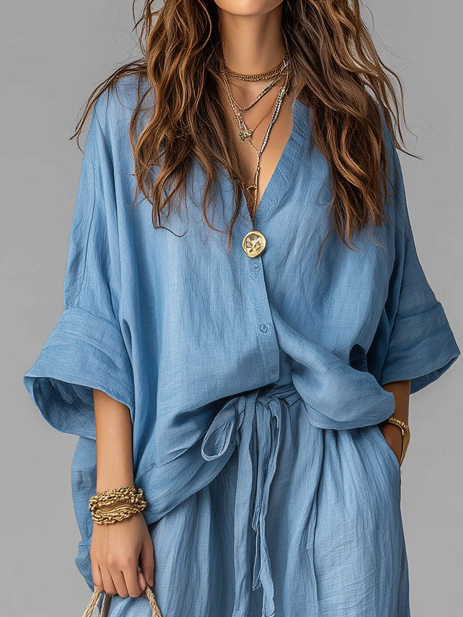 Women's Solid Color Art Stylish Casual Top And Pants Cotton Linen Two-Piece Set