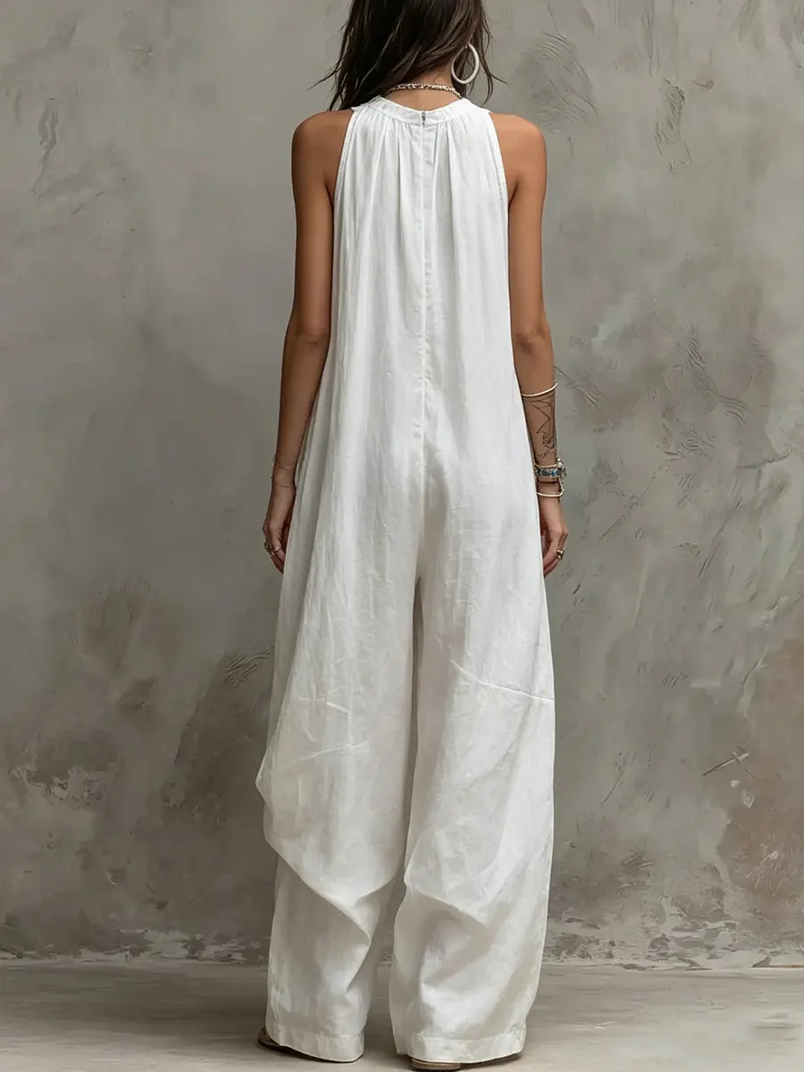 Women's Simple Cotton And Linen Wide-leg Jumpsuit