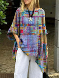Women's Retro Art Print Casual Cotton Long Shirt