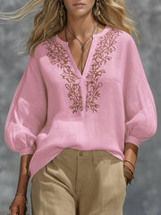 Loose-fitting V-neck Linen And Cotton Shirt