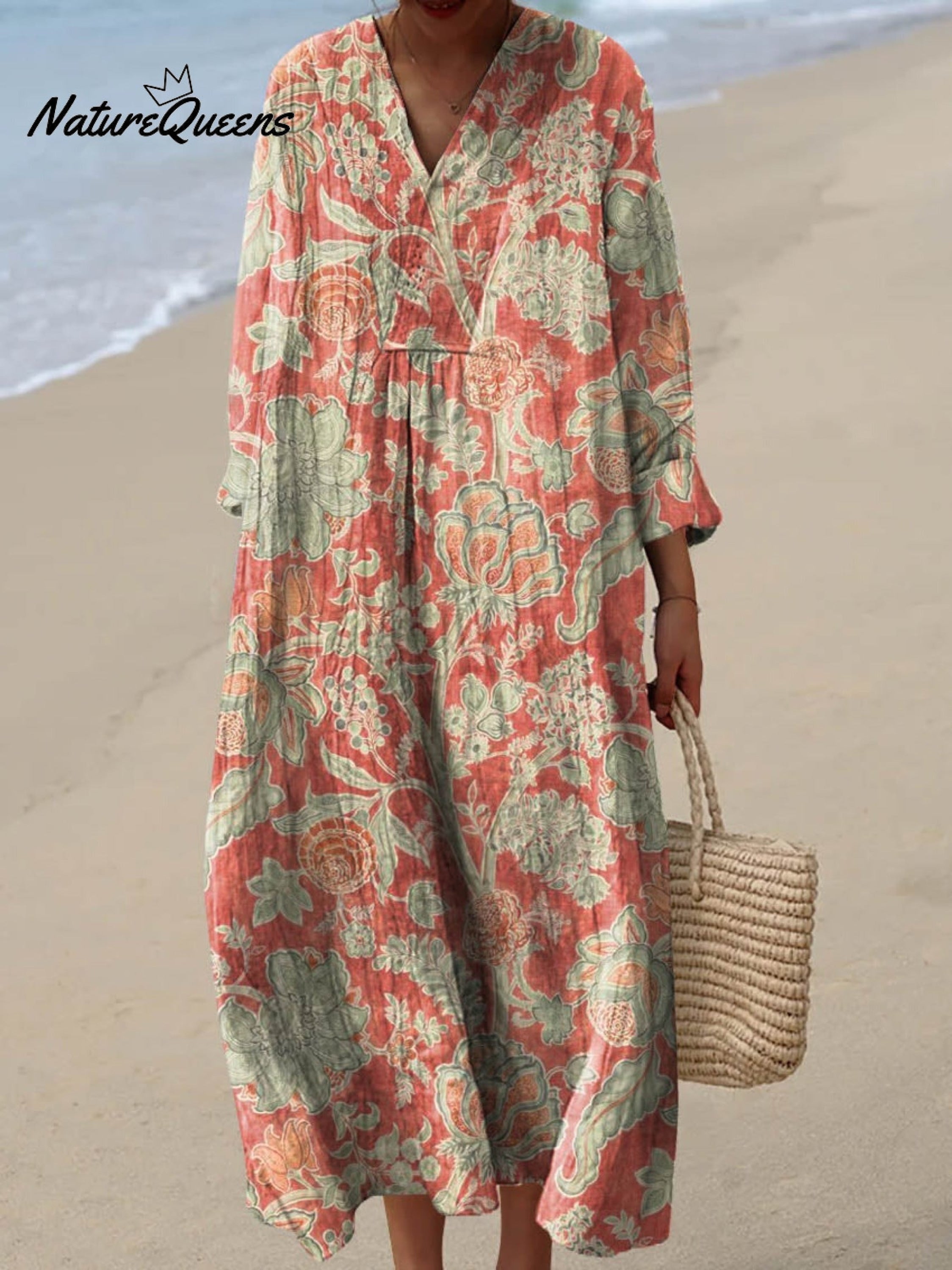 Women's Vintage Floral Pattern Art Print Sleeveless Cotton Pocket Wrap Dress