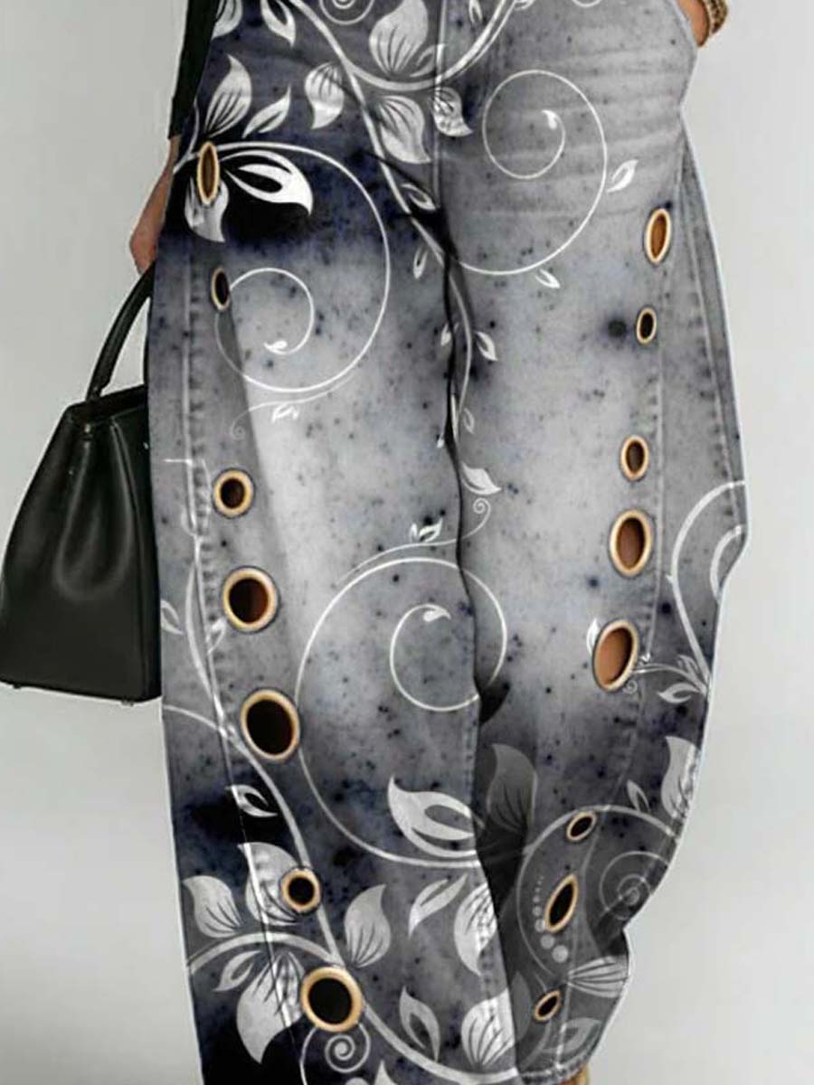 Women's Retro Floral Art Print Casual Stylish Hollow Denim Pants