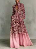 Gradient Leopard Print Stand Collar Button-down Maxi Shirt Dress